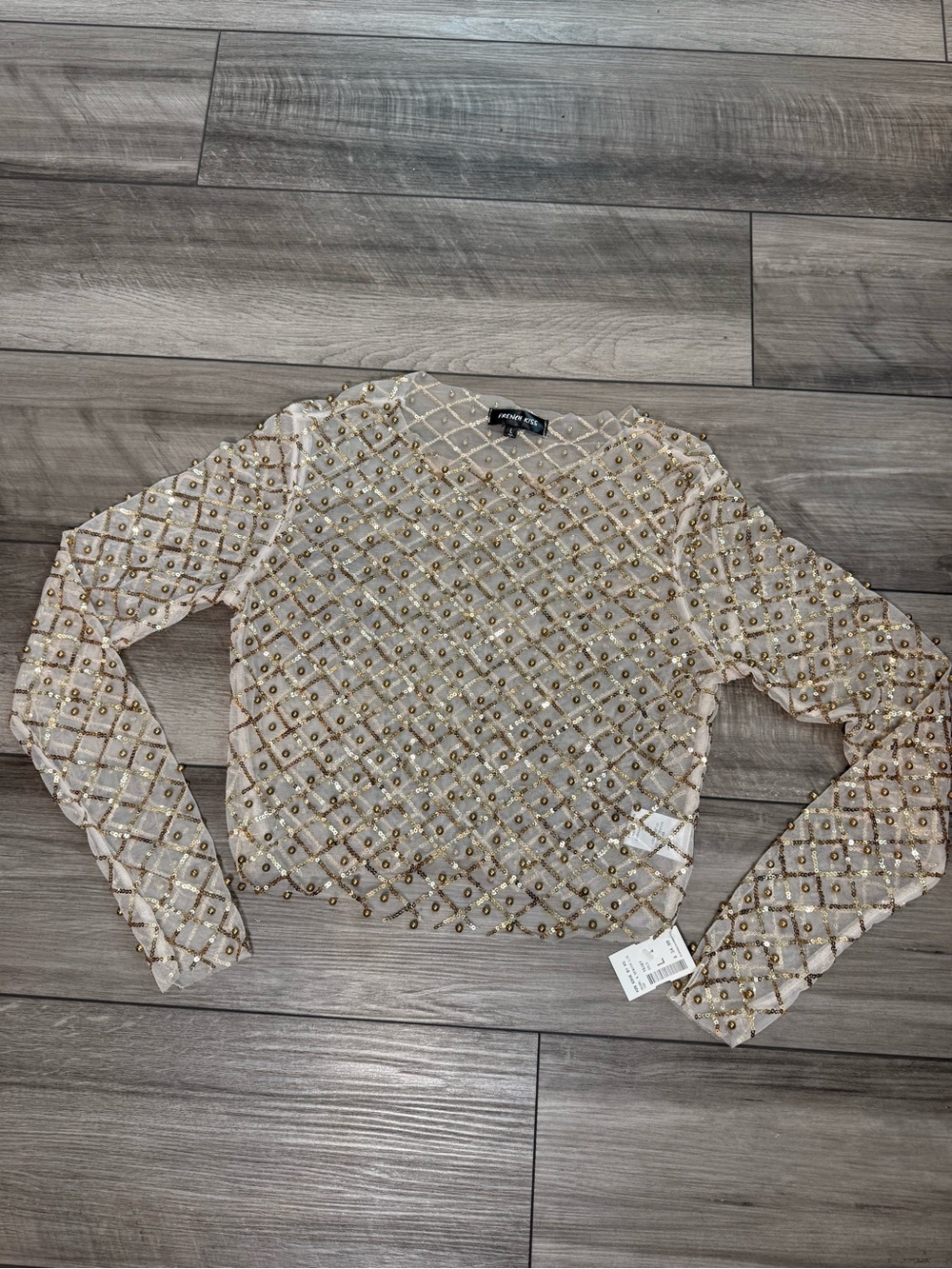 Aqua Gold-Beaded Sheer Long Sleeve Crop Top